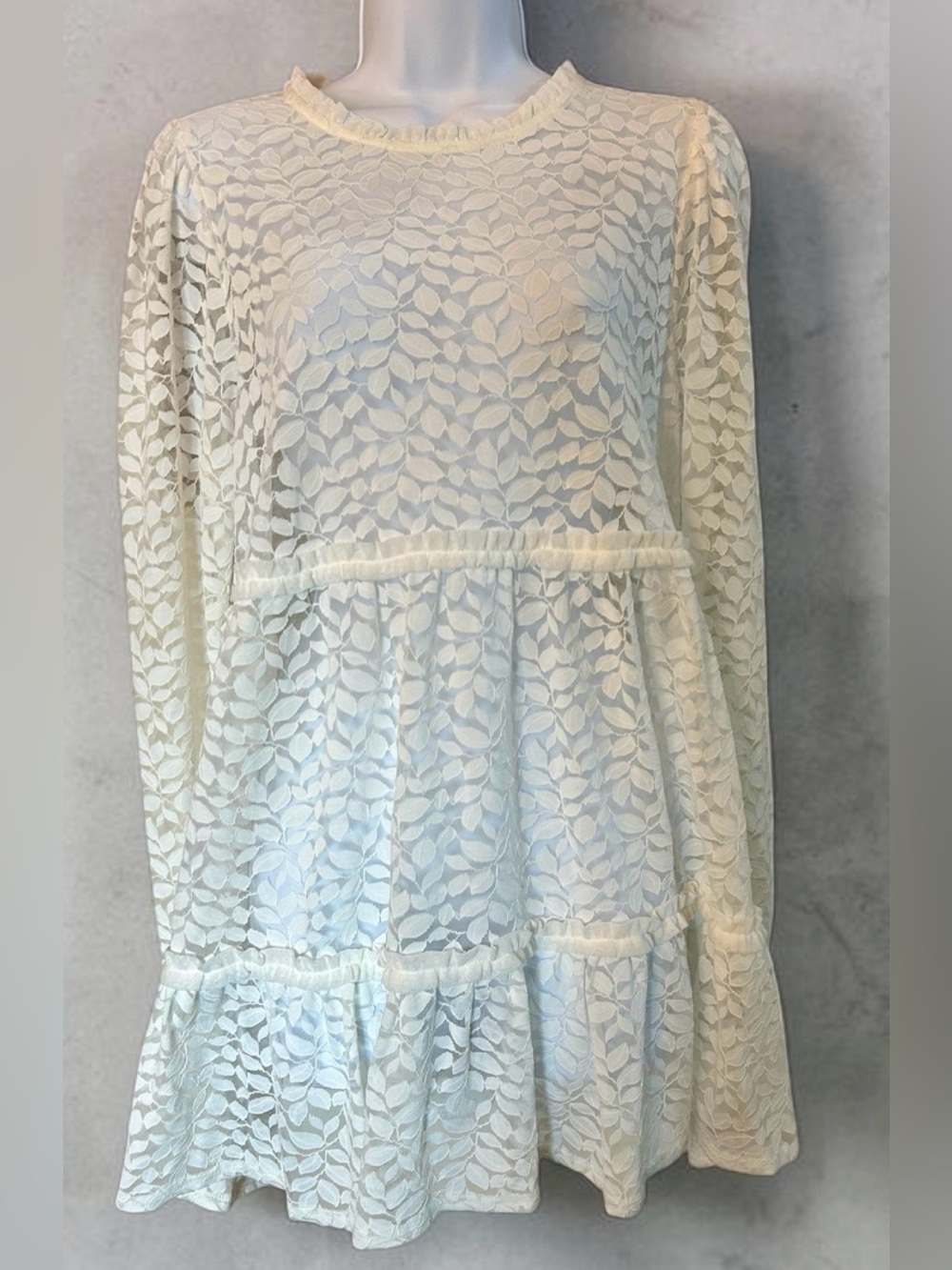 Ember White Floral Lace Tiered Mini Dress XL Long Sleeve Ruffle